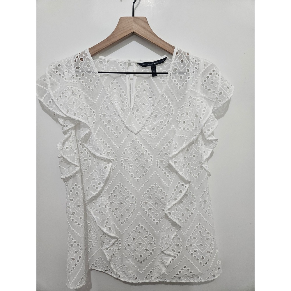 White House Black Market White Eyelet Ruffle Sleeve V-Neck Blouse Large